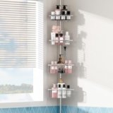 Corner Shower Caddy Tension Pole: Stainless Steel Rustproof Inside Shower Organizer with 4 Tier Adjustable Shelves for Bathroom Bathtub Tub Shampoo Storage Holder – Floor Standing Bath Rack with Rod
