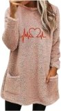 MINzYI Long Sleeve Tops for Women 2023 Fashion Crew Neck Fuzzy Fleece Sweatshirts Warm Winter Loose Fit Graphic Shirt Pocket