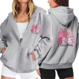 Women’S 2023 Christmas Letter Printed Hoodie Zippered Fine Short Plush Cardigan Long Sleeved Jacket Sweatershirt