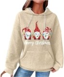 Women’S Oversized Crewneck Sweatshirts Christmas Waffle Printed Round Neck Hooded Long Sleeved Sweatshirts